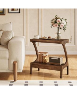 Solid Wood End Table Set of 2 with 2-Tier Storage Shelf, Narrow Side Table for Living Room, Bedroom, Small Spaces, Natural Wood