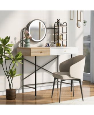 White Vanity Desk with Mirror, Charger, and Storage