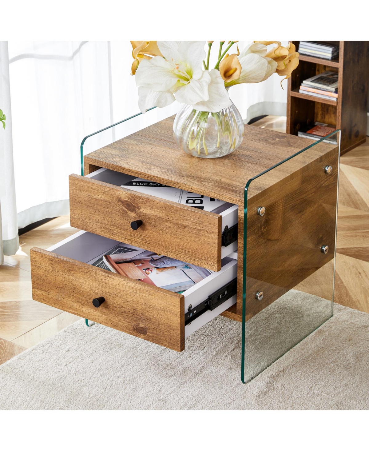 Streamdale Furniture Elegant Double-Drawer Glass Bedside Table