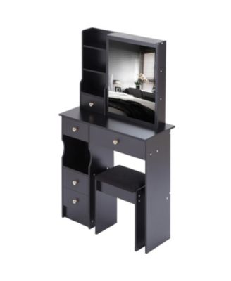 Slim Vanity with XL Sliding Mirror, Multi-Layer Storage, Cushioned Stool