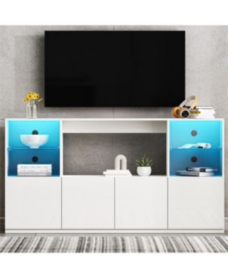 High Gloss TV Stand with LED Lights, Large Storage & Tempered Glass Shelves (Black, 67"Wx13.7"D)