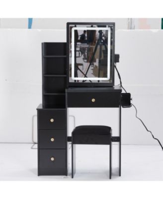 Multifunctional Bedside Vanity Table with - LED Mirror- Power Station- Hair Dryer Bracket- Cushioned Stool- Tri-Color Lighting