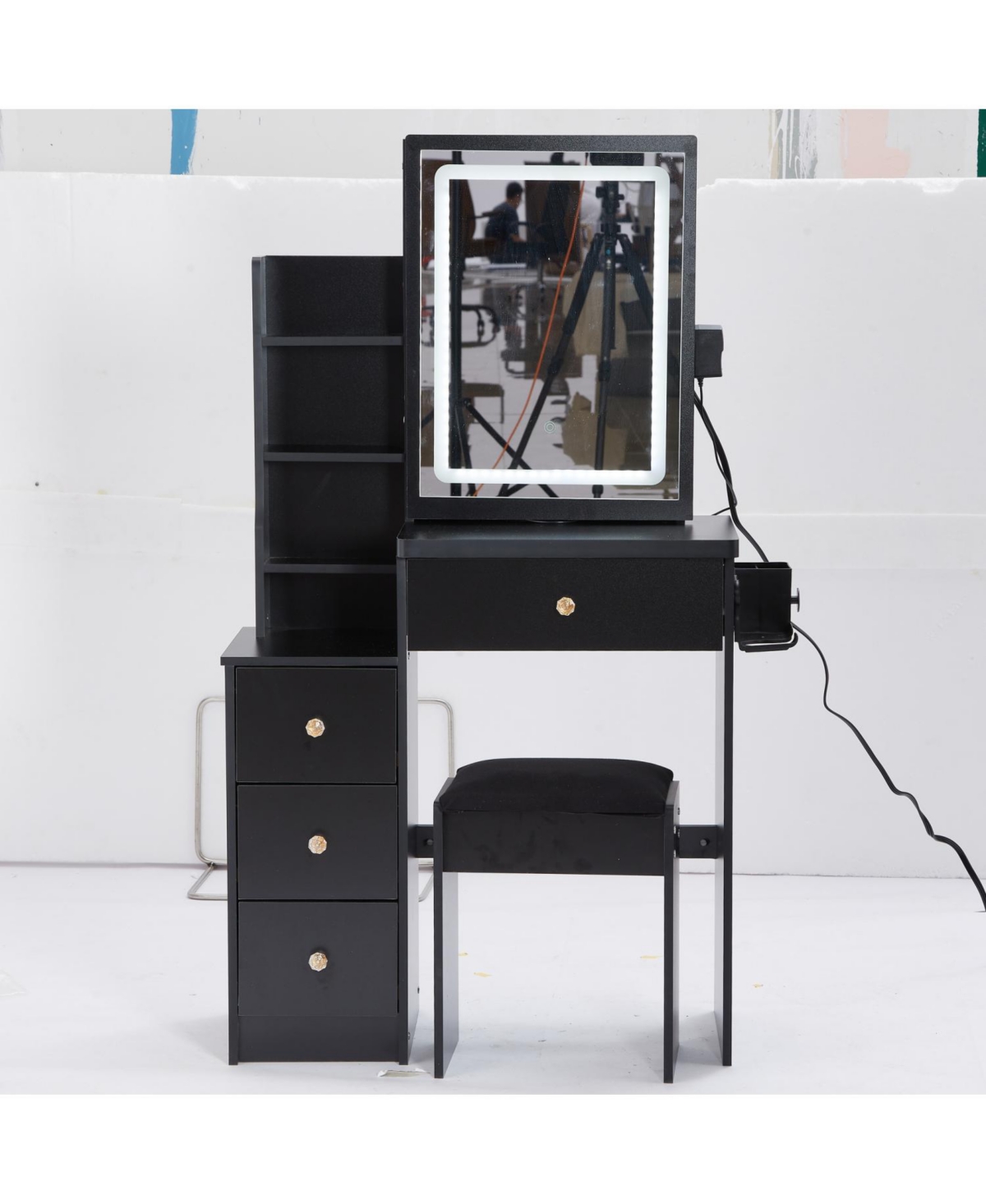 Streamdale Furniture Multifunctional Bedside Vanity Table with - Led Mirror- Power Station- Hair Dryer Bracket- Cushioned Stool- Tri-Color Lighting