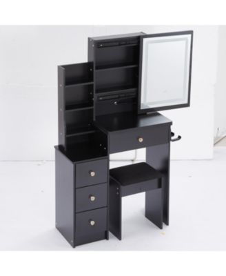 Multifunctional Bedside Vanity Table with - LED Mirror- Power Station- Hair Dryer Bracket- Cushioned Stool- Tri-Color Lighting