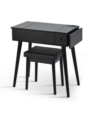 28" Black Vanity Desk with Flip-Top Mirror, LED Light, Charging Station, Drawers, and Stool