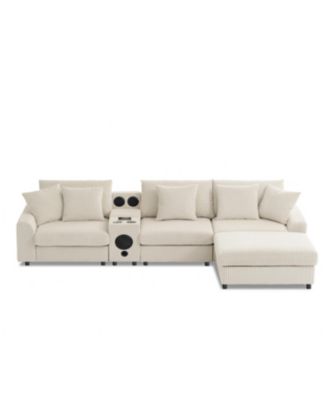 Streamdale Corduroy Sectional Sofa with Bluetooth, Console, USB Charger, Storage, Ottoman