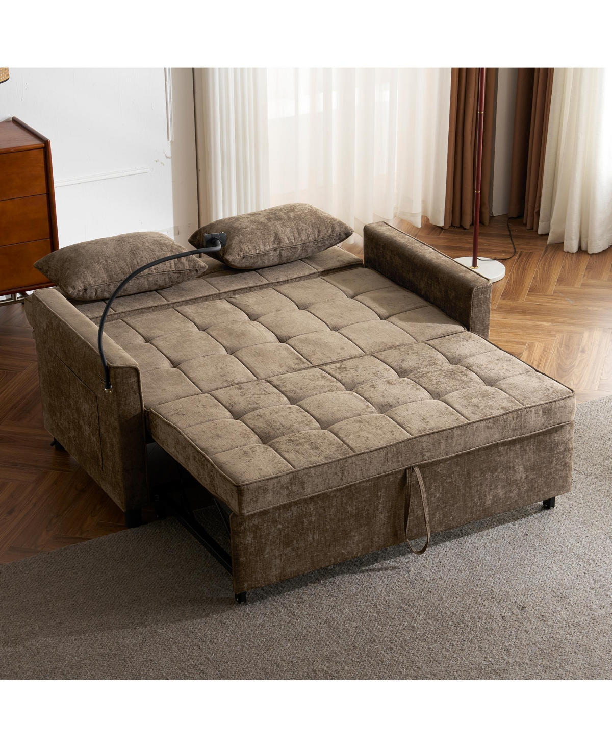 Streamdale Furniture Streamdale 56.9" Loveseat Sofa Bed with Reversible Cushion, Pockets, Usb Ports, and Phone Holder
