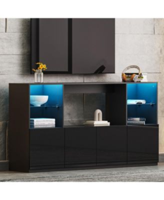 High Gloss TV Stand with LED Lights, Large Storage & Tempered Glass Shelves (Black, 67"Wx13.7"D)
