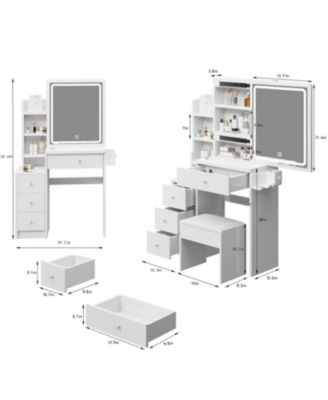Streamdale Multifunctional Bedside Vanity Table with - LED Mirror - Power Station - Hair Dryer Bracket - Cushioned Stool