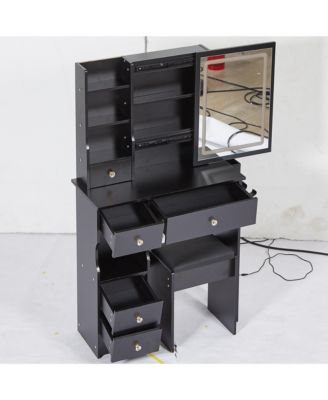 Vanity Table with Power Station, LED Mirror, & Cushioned Stool