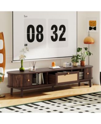 Modern TV Stand for 75" TVs with Rattan Drawer & Cabinets
