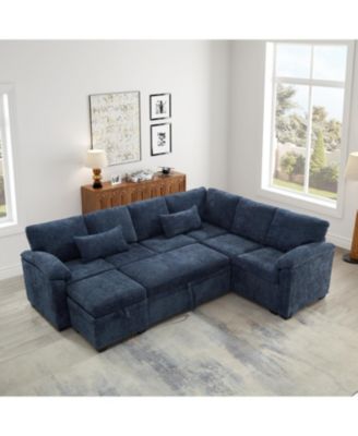 97" L-Shaped Chenille Sectional Sofa with Ottoman - Dark Blue