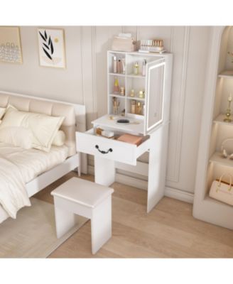 Modern LED Vanity Desk with Stool & Storage - White