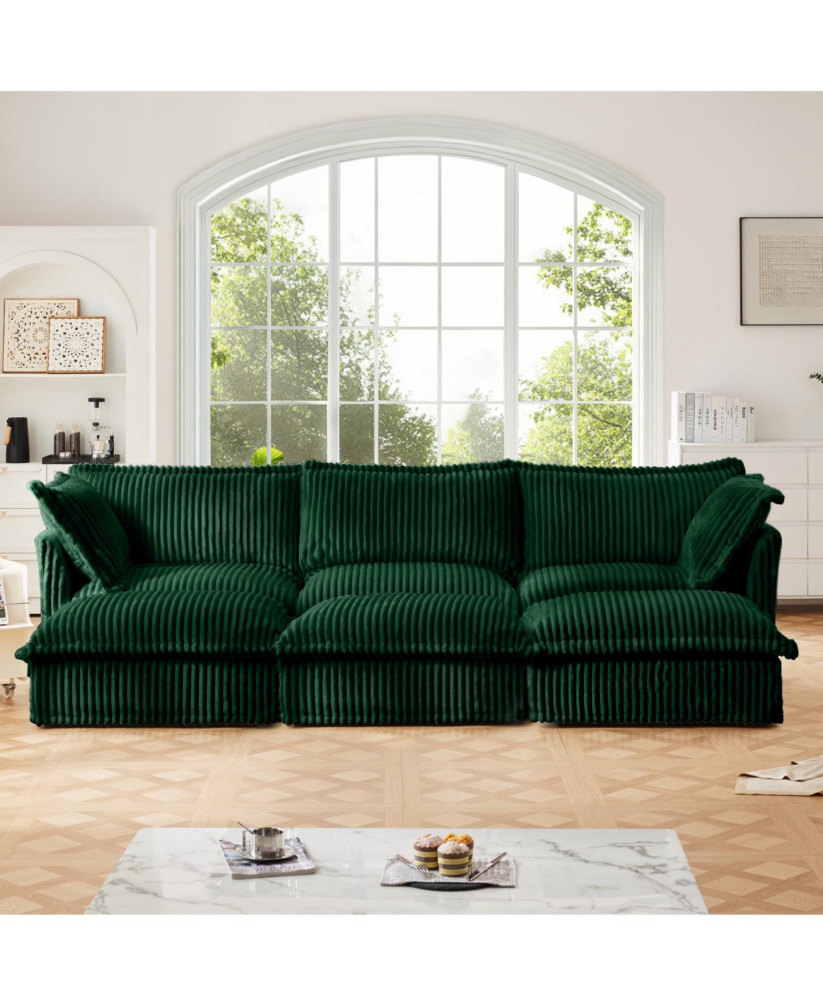 Streamdale Furniture Green Corduroy 3-Seat Sofa with Ottomans