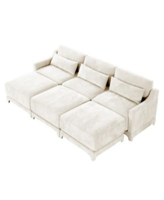 Beige Chenille 3-Seater Sofa with Ottomans