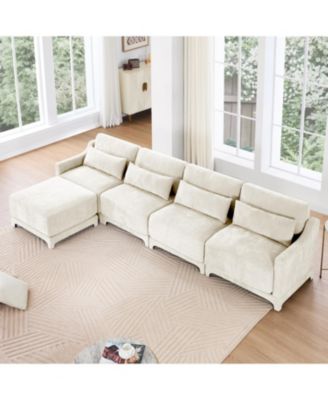 White Chenille 4-Seater Sofa with Ottoman