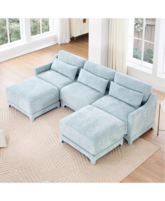 Chenille 3-Seater Sofa with Ottomans & Pillow - Sky Blue
