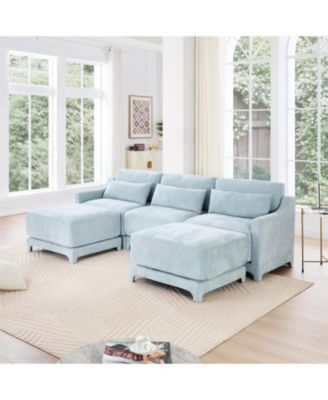 Chenille 3-Seater Sofa with Ottomans & Pillow - Sky Blue