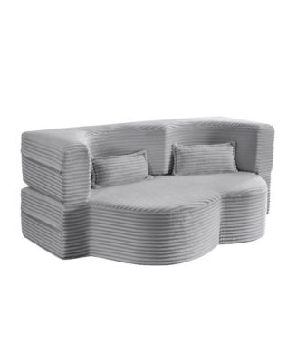  Convertible Corduroy Floor Sofa Bed with Pillows - Light Grey