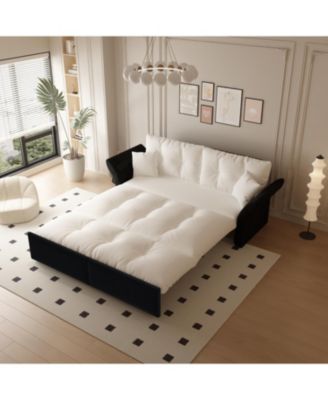 Queen Pull Out Sofa Bed, 3-in-1 Convertible Sleeper, Velvet, Beige