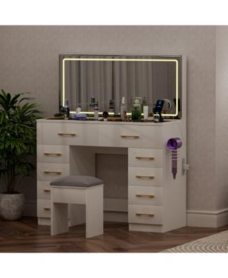 46" Glass Top Vanity Desk with Mirror, Stool, Power Outlet