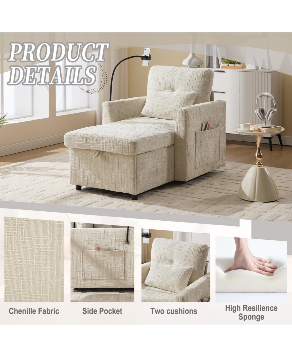Streamdale Furniture Multifunctional Chenille Recliner Sofa with Storage & Phone Bracket