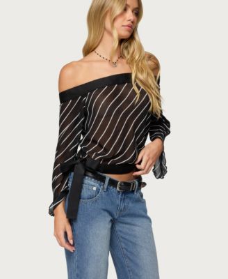Women's Diagonal Striped Off Shoulder Chiffon Top
