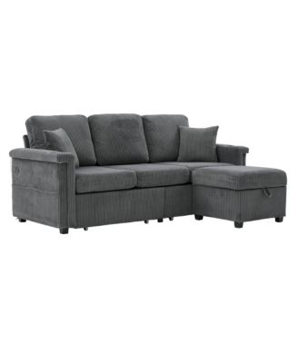 L-Shaped Sectional Sofa w/ Storage Ottoman, USB, Cup Holder, Corduroy