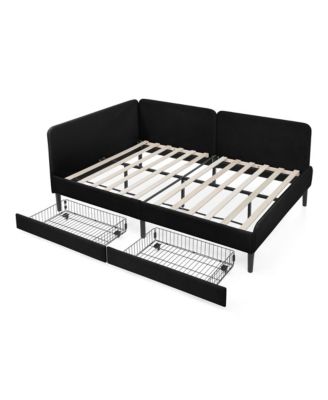 Upholstered Platform Bed Frame w/ 2 Drawers, Adjustable Velvet, Black