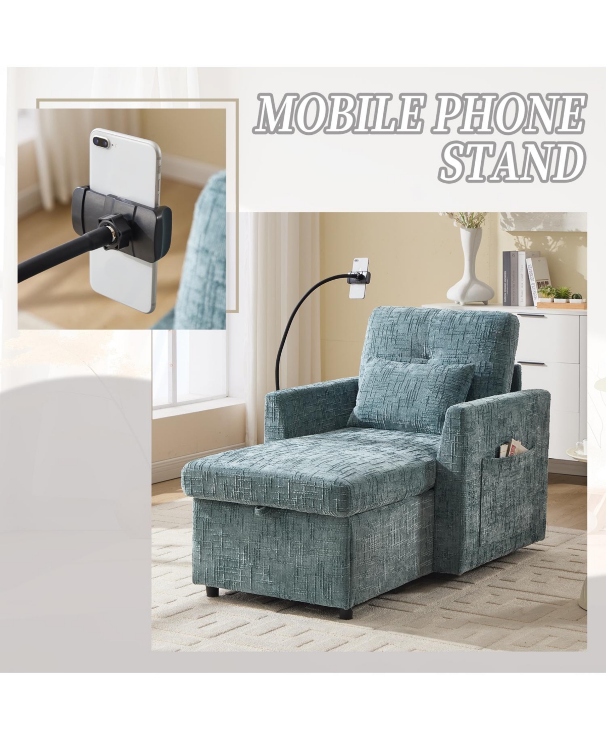 Streamdale Furniture Multifunctional Chenille Recliner Sofa with Storage & Phone Bracket