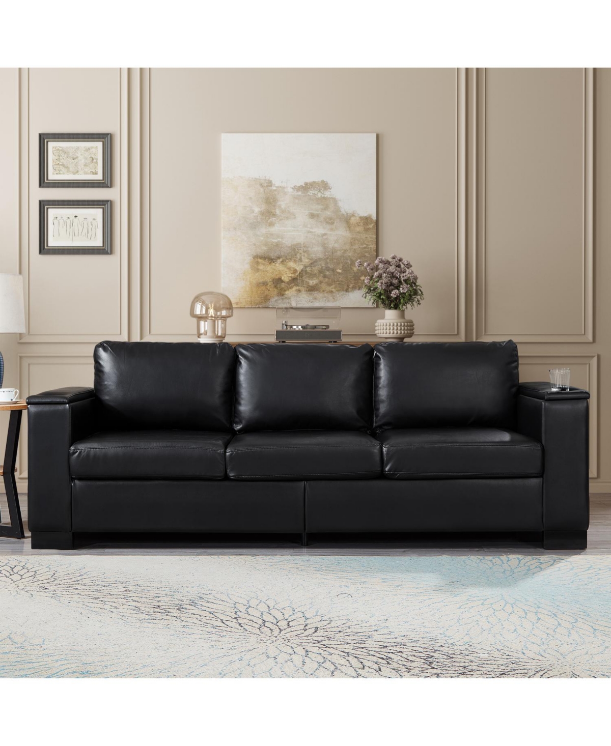 Streamdale Furniture Modern Black Faux Sofa with Cup Holder & Storage