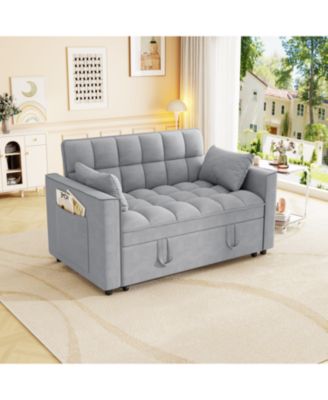 Velvet Sleeper Sofa Couch Bed - Small Loveseat with Pillows - Gray