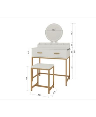 Streamdale White & Gold Vanity Set with Mirror, Stool, Drawers & Organizer
