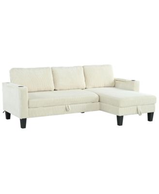 Reversible Corduroy Sectional Sofa with Storage Chaise & USB