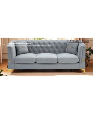 Tufted Velvet Sofa, 82" 3-Seater Couch, Gold Legs