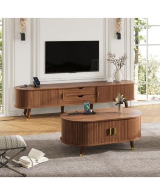 Streamdale Farmhouse TV Stand & Coffee Table Set, Fluted Media Console with Charging Station, Walnut