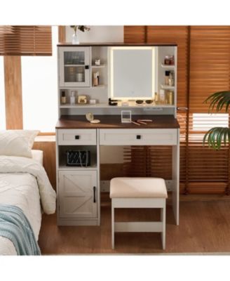 Farmhouse Vanity Desk with Mirror, Lights, Charging Station, Stool