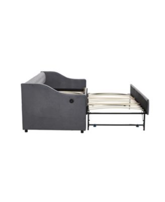  Twin Upholstered Daybed with Trundle, USB, Pockets, Velvet, Button Tufted