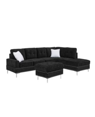 Sectional Sofa with Reversible Chaise, Storage Ottoman, Metal Legs, Pillows, Black