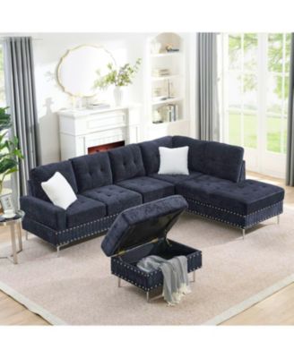 Navy Sectional Sofa with Reversible Chaise, Ottoman & Pillows