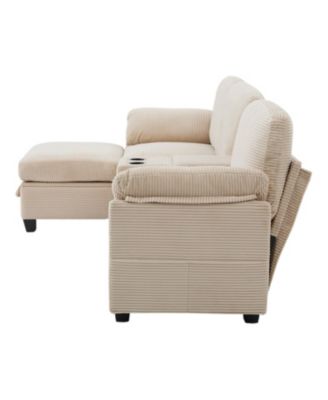  L-Shape Corduroy Sofa- 4-Seater, USB, Storage, Console & Ottoman