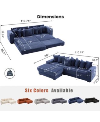  Corduroy L-Shaped Sectional Sofa with Ottoman, Pillows, & Cup Holders - Blue