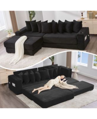 Corduroy L-Shaped Sectional Sofa Bed with Ottoman, Pillows & Cup Holders - Black