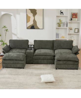 U-Shaped Sectional Sofa- Storage, Wireless Charging, Bluetooth, Green