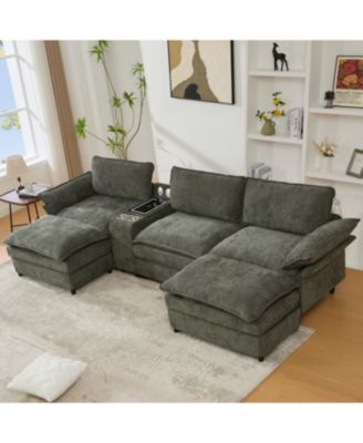 U-Shaped Sectional Sofa- Storage, Wireless Charging, Bluetooth, Green