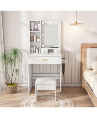 Vanity Table with LED Lights, Power, Hairdryer Holder & Stool - White