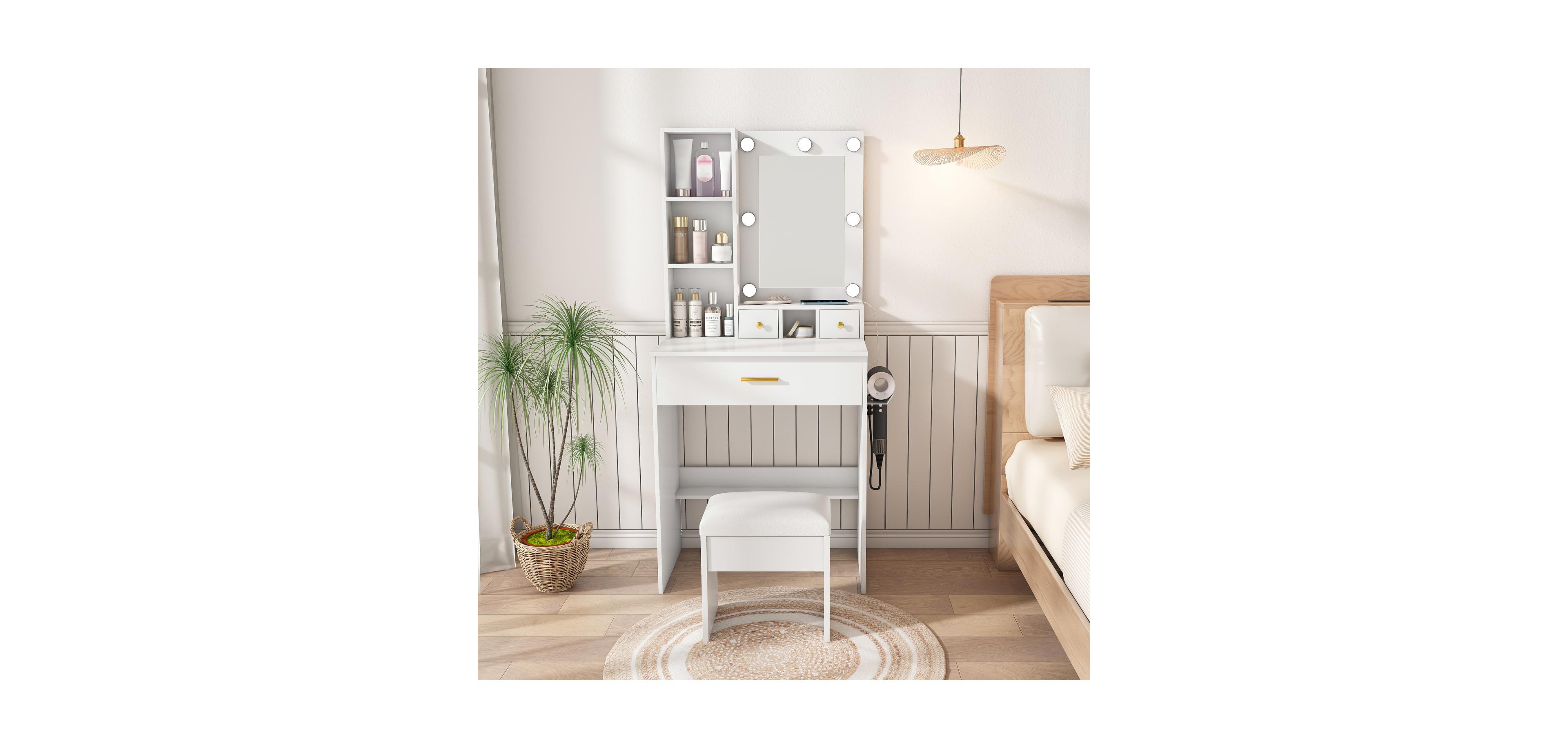 Streamdale Furniture Vanity Table with Led Lights, Power, Hairdryer Holder & Stool - White