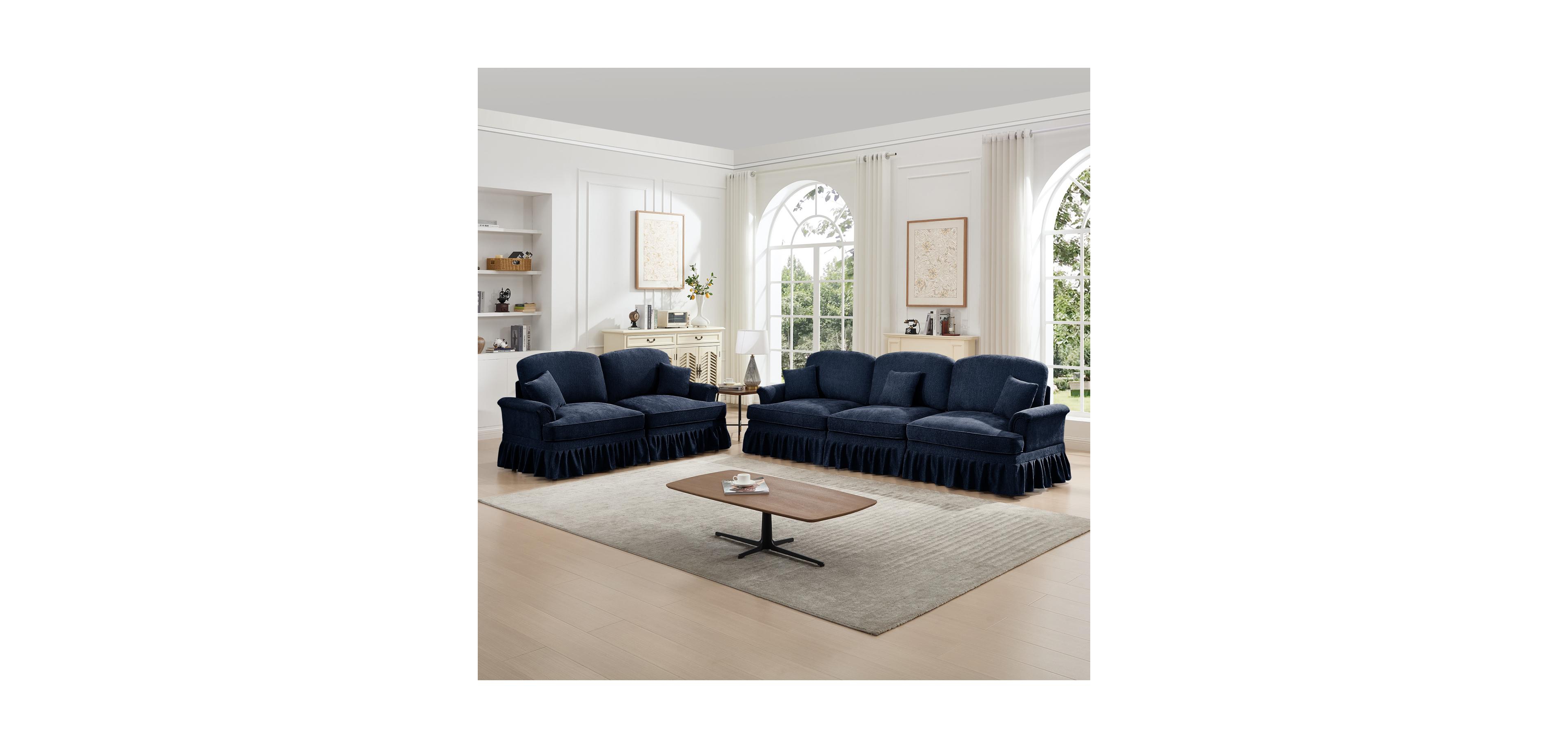 Streamdale Blue Modular Sofa Set with Flared Arms and Removable Skirts