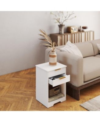 White Nightstand with 2 Drawers & Golden Handle