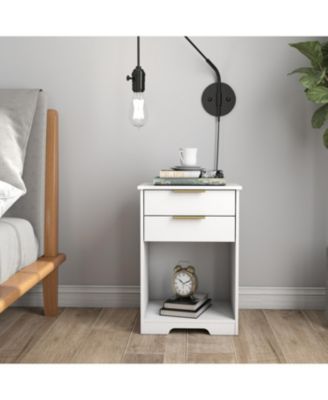 White Nightstand with 2 Drawers & Golden Handle